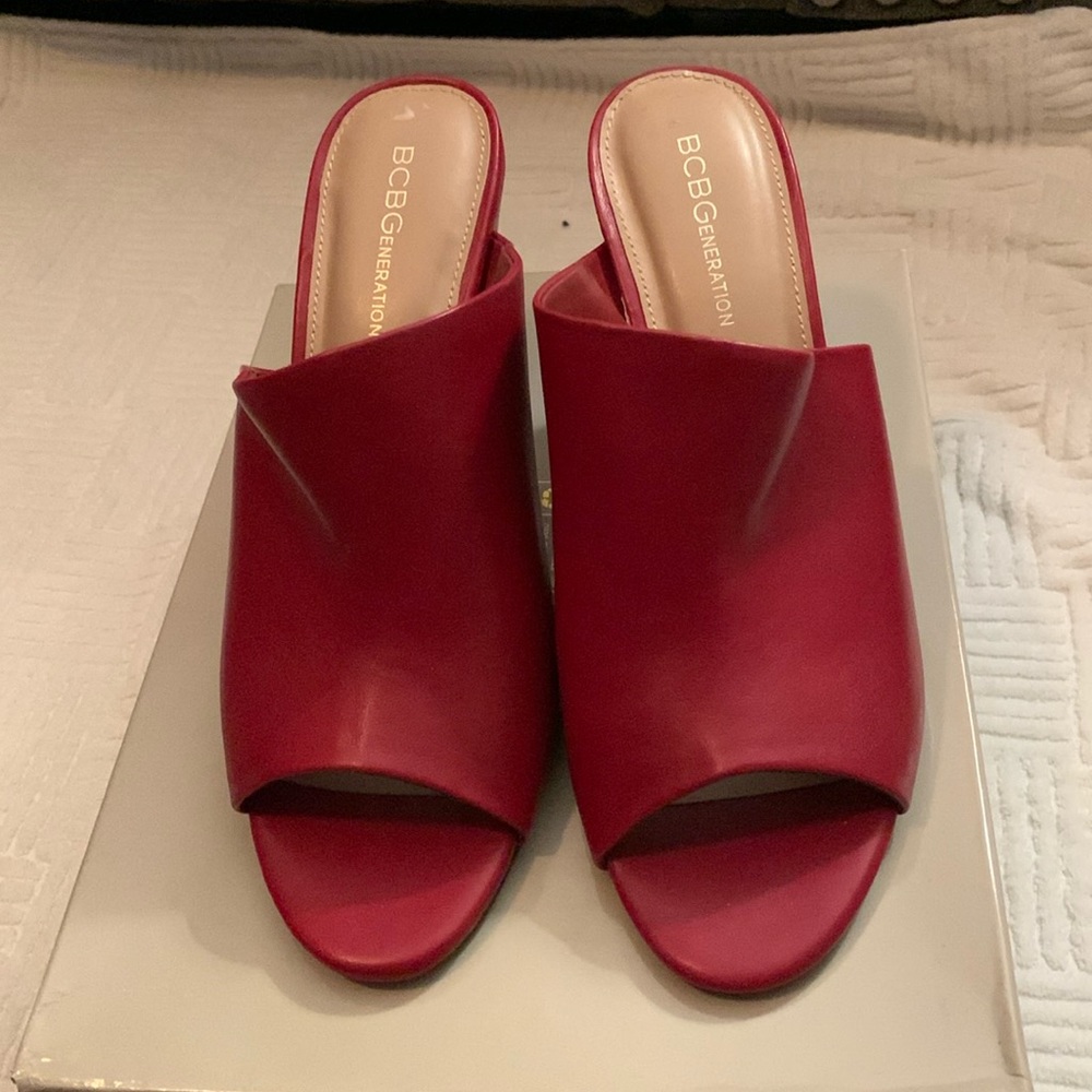 Red BC BG mules, beautiful red black heel 4 inches looks not a leather,